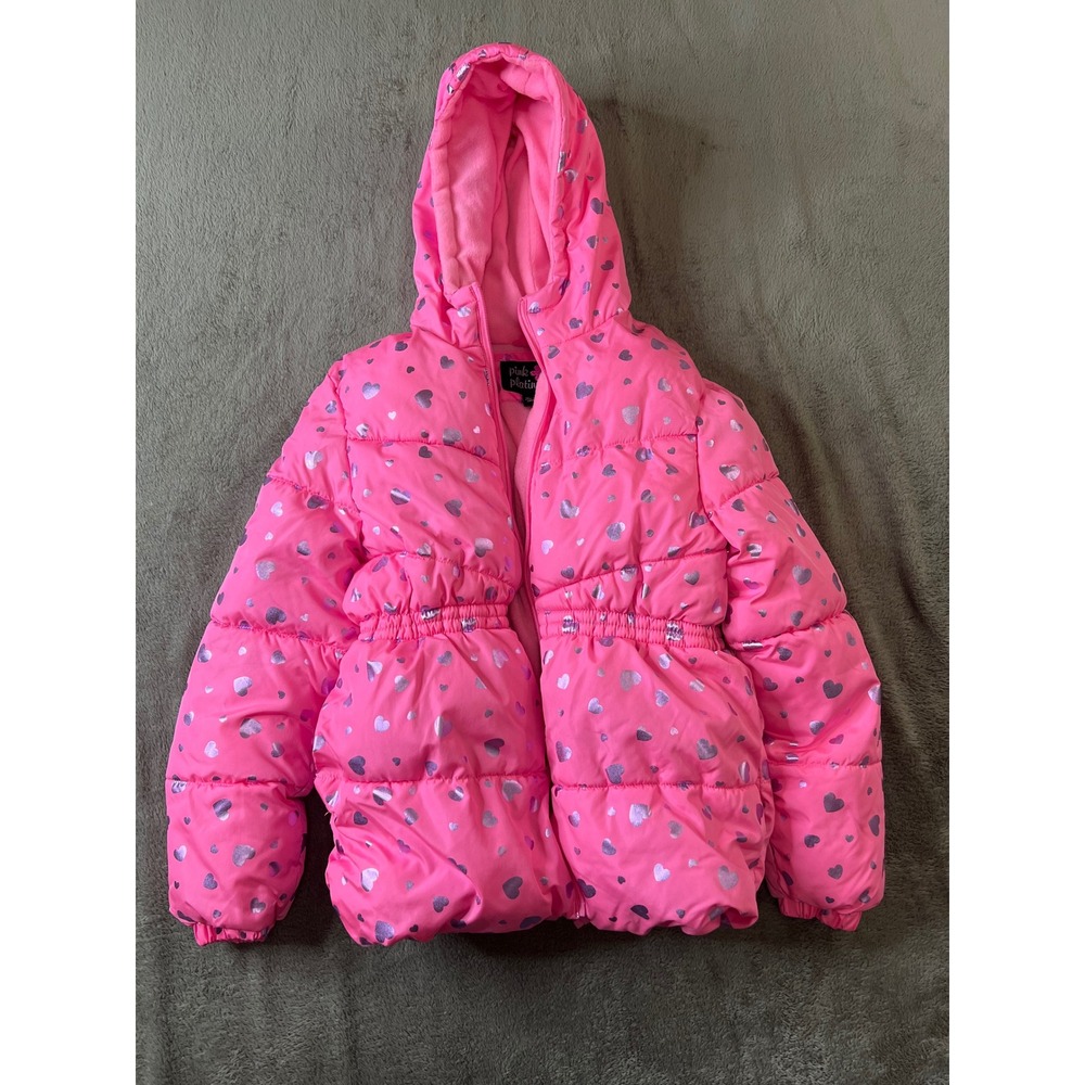 Pink Platinum Girls Puffer Jacket Pink Metallic Hearts Hooded Coat 14/16